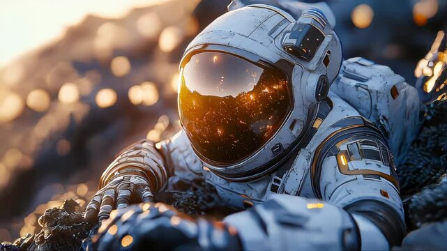 Astronaut in a space suit navigates through a rugged asteroid terrain, with a golden reflection in the helmet visor