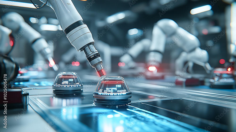 Poster futuristic assembly line featuring robotic arms efficiently working on components, showcasing advanc