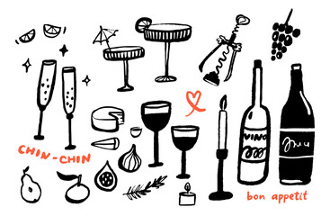 Cafe bar doodles, wine bottle and glasses, cocktails drawing. Black ink sketch trendy icons of drinks, food and appetizers isolated on white. Creative art set