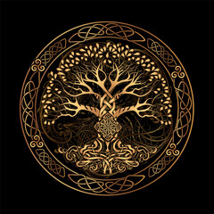 Vector illustration of the World Tree from Norse mythology Yggdrasil tree with Celtic knotwork in golden tones. For wallpaper, tattoos, jewelry, and projects related to mythology, history, fantasy