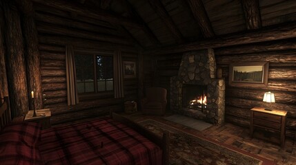 Cozy and Inviting Rustic Cabin Bedroom with Exposed Wooden Beams a Comfortable Bed and Warm Ambient Lighting Creating a Peaceful and Relaxing Atmosphere for a Mountain Retreat or Countryside Getaway