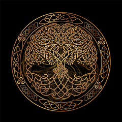 Vector illustration of the World Tree from Norse mythology Yggdrasil tree with Celtic knotwork in golden tones. For wallpaper, tattoos, jewelry, and projects related to mythology, history, fantasy