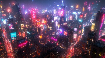 Fototapeta premium A rooftop scene in a city with glowing neon signs, distant skyscrapers in the nightlife