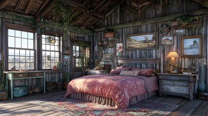 Cozy and Inviting Rustic Cabin Bedroom with Warm Lighting Exposed Wooden Beams and a Comfortable Bed in a Peaceful Isolated Setting