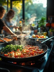 Many people cooking food on a stove in a kitchen, family cooking dinner together
