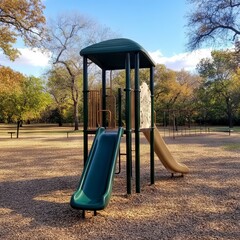 A playground featuring two slides in a park setting.