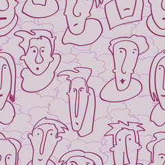 Seamless background with funny faces of anthropomorphic creatures. Humorous characters with different emotions