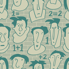 Seamless background with funny faces of anthropomorphic creatures. Humorous characters with different emotions