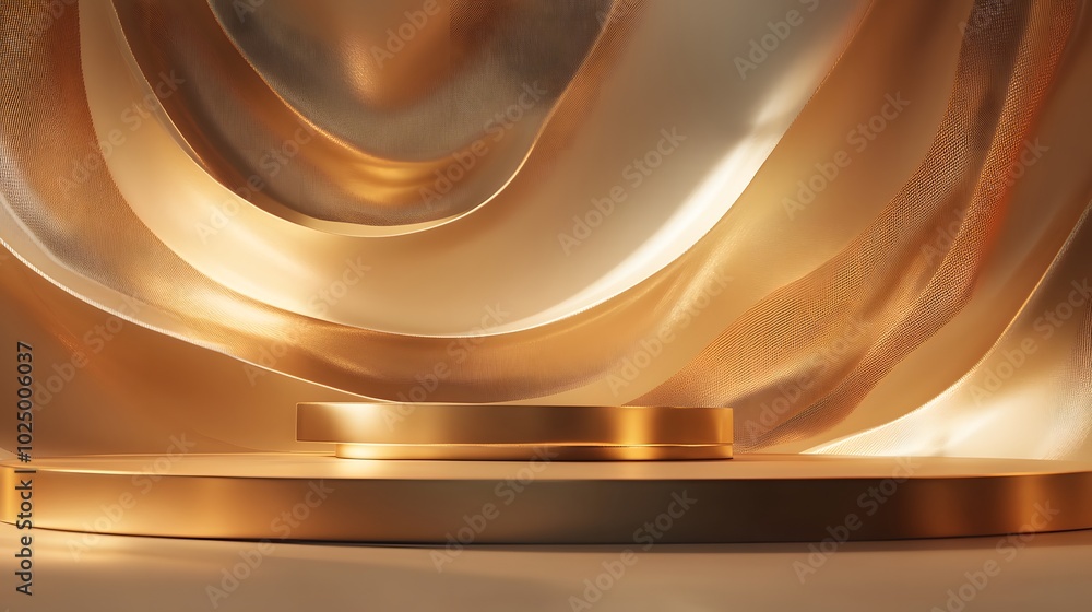 Poster 4. a striking 3d rendering of an abstract gold podium surrounded by soft lighting and flowing shapes