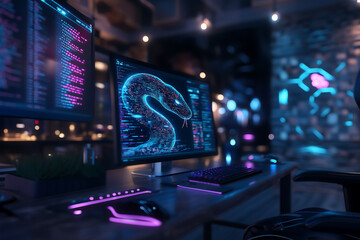 A computer screen displaying python code with a digital snake, symbolizing python programming for data engineering