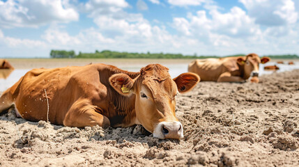 Hungry cows lying on dry barren land. Natural disaster and drought no grass concept. Food consumption problem