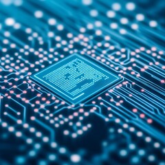 Close-up of a microchip on a circuit board, showcasing technology design.