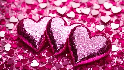 Obraz premium Romantic glitter pink sequin hearts. pink background