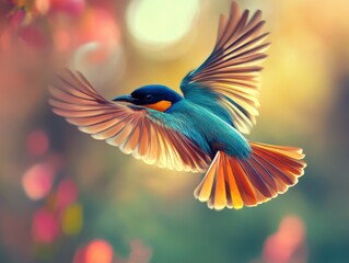 Obraz premium Bird in flight with vibrant feathers, peaceful outdoor scene.