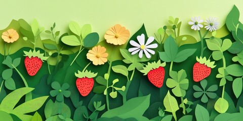 Planting green flowering strawberry bushes in a protective ground cover that shields against moisture loss, excessive heat from sunlight, and harmful weeds