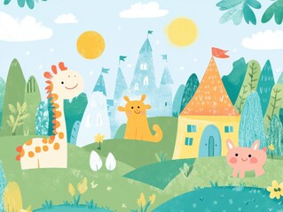 A whimsical landscape featuring cheerful animals, vibrant colors, and charming buildings under a bright blue sky.