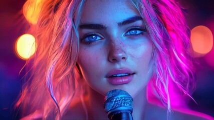 A vibrant young woman singing passionately into a microphone under colorful, neon-lit surroundings