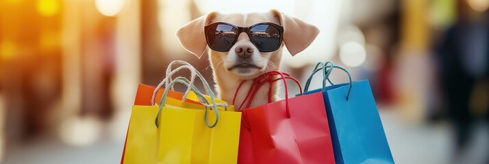 Cute white dog with black spots wears a red bowtie and sunglasses. Dog holds a shopping bag with colorful items. Lively shopping scene with blurred people and building background.