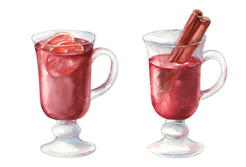 Set of watercolor illustrations of warming winter cocktails with spices. Glass mugs with warm red wine, cinnamon and star anise isolated on white background