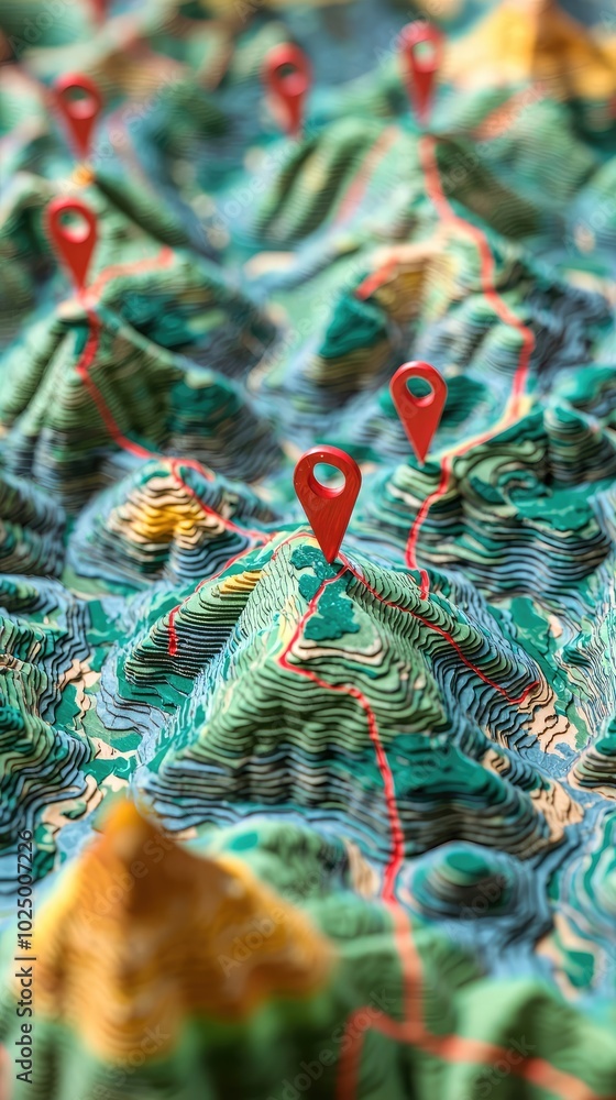 Poster colorful 3d topographic map with red pointers