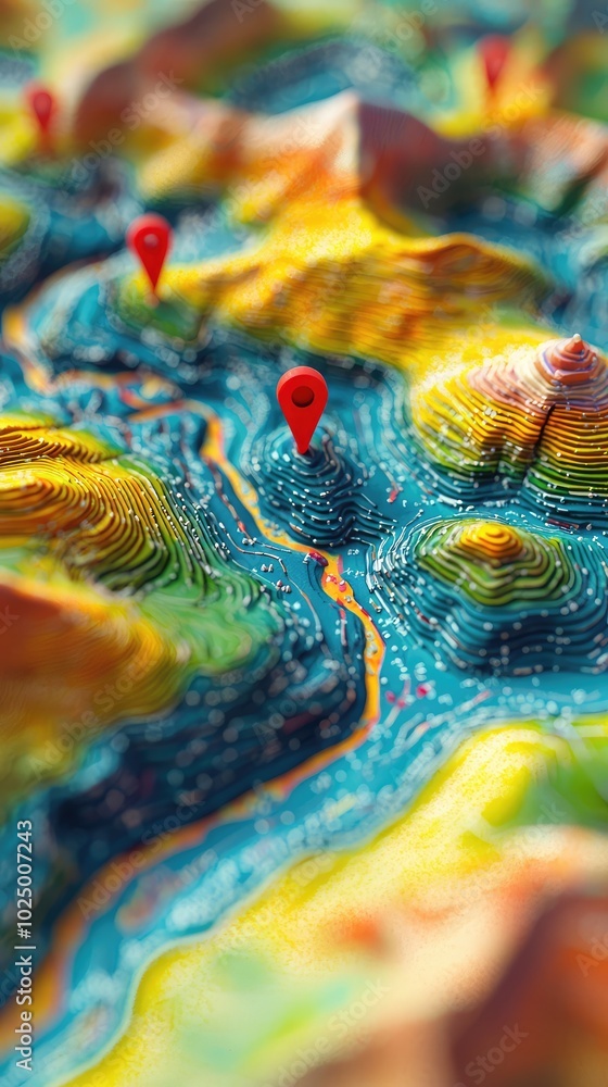 Poster vibrant 3d topographic map with red pointers