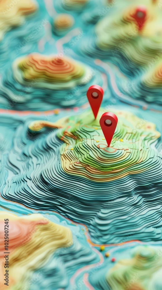 Poster colorful 3d topographic map with red pointers