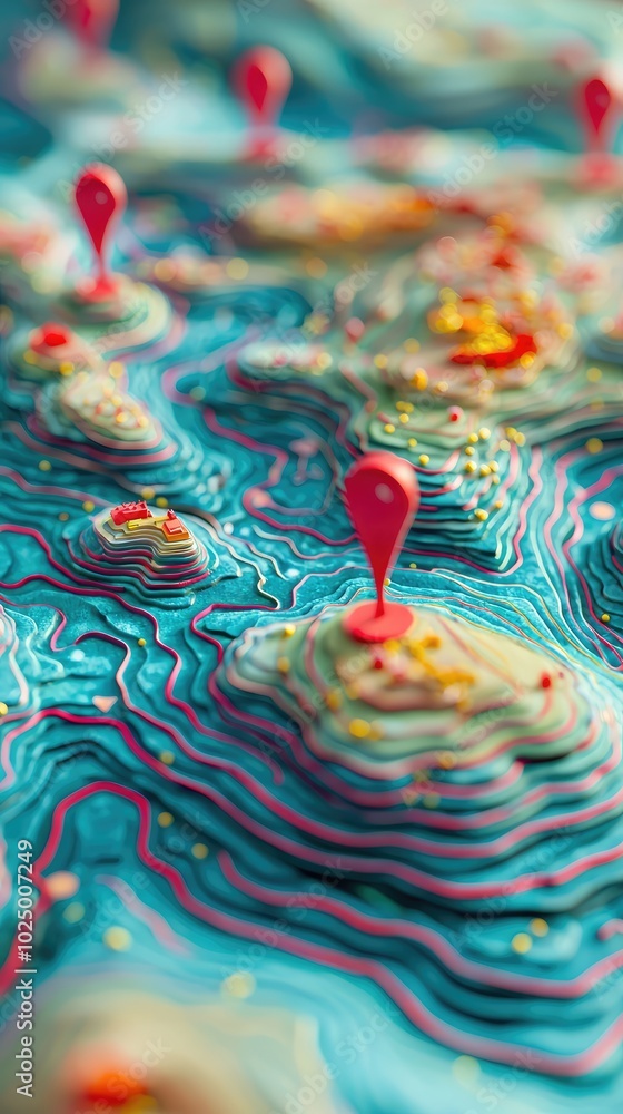 Poster colorful 3d topographic map with pointers and details