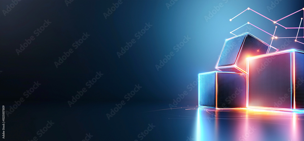 Poster abstract background with holographic neon lights, featuring glowing cubes in dark setting. vibrant c