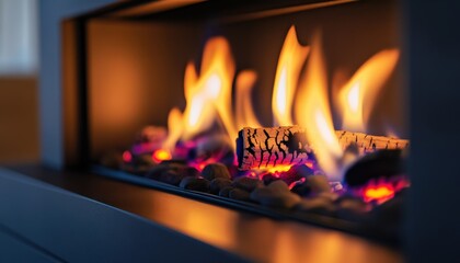 Cozy fireplace with vibrant flames, sleek modern design.