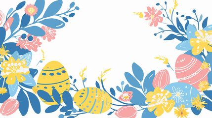 Obraz premium A vibrant Easter-themed illustration featuring pastel-colored eggs adorned with floral patterns, surrounded by blossoming flowers and foliage. A joyful celebration of springtime in soft, charming colo
