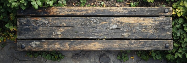 Naklejka premium Weathered wooden bench in vibrant park, showcasing intricate textures, surrounded by lush greenery and serene atmosphere.