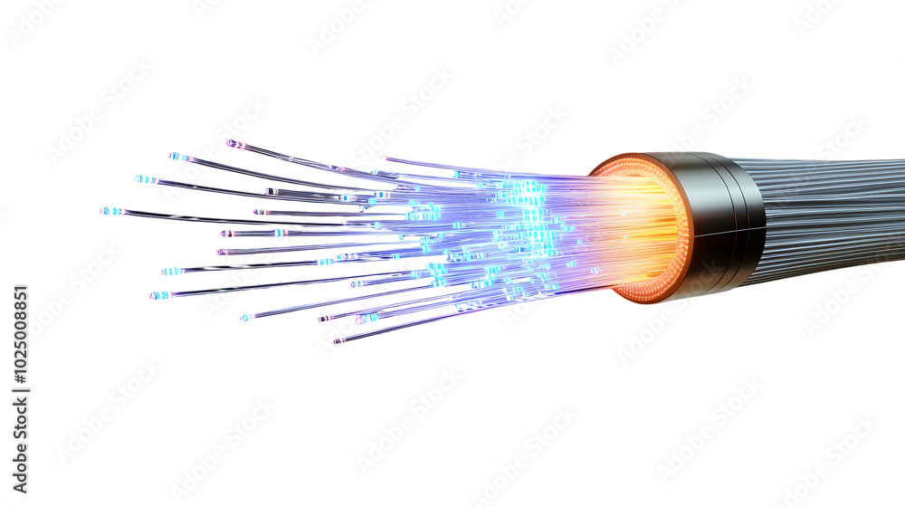 Poster 3d rendering of a fiber optic cable bursting with data, transmitting light pulses as a representatio