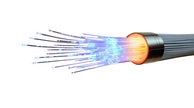 3d rendering of a fiber optic cable bursting with data, transmitting light pulses as a representation of high-speed internet. Ideal for communication and technology-themed projects