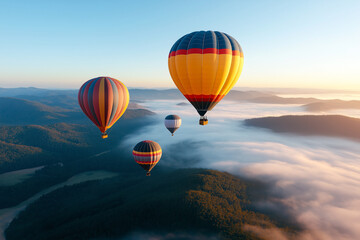 Colorful hot air balloons soaring over misty mountains at sunrise create breathtaking scene. vibrant colors contrast beautifully with soft clouds below, evoking sense of adventure and tranquility