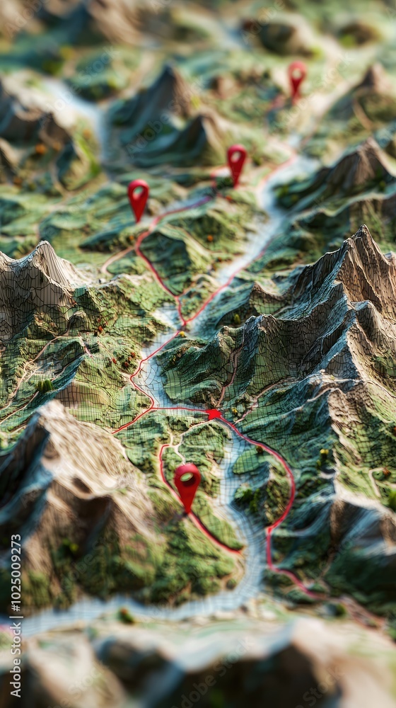 Poster 3d landscape map with red pointers
