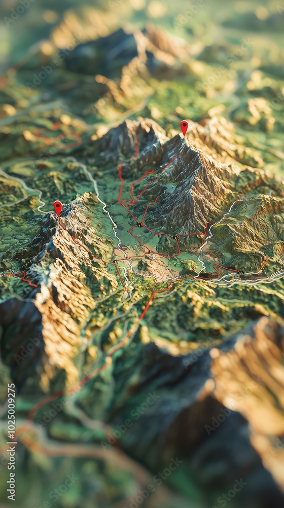 Poster 3d landscape map with red pointers and detailed features