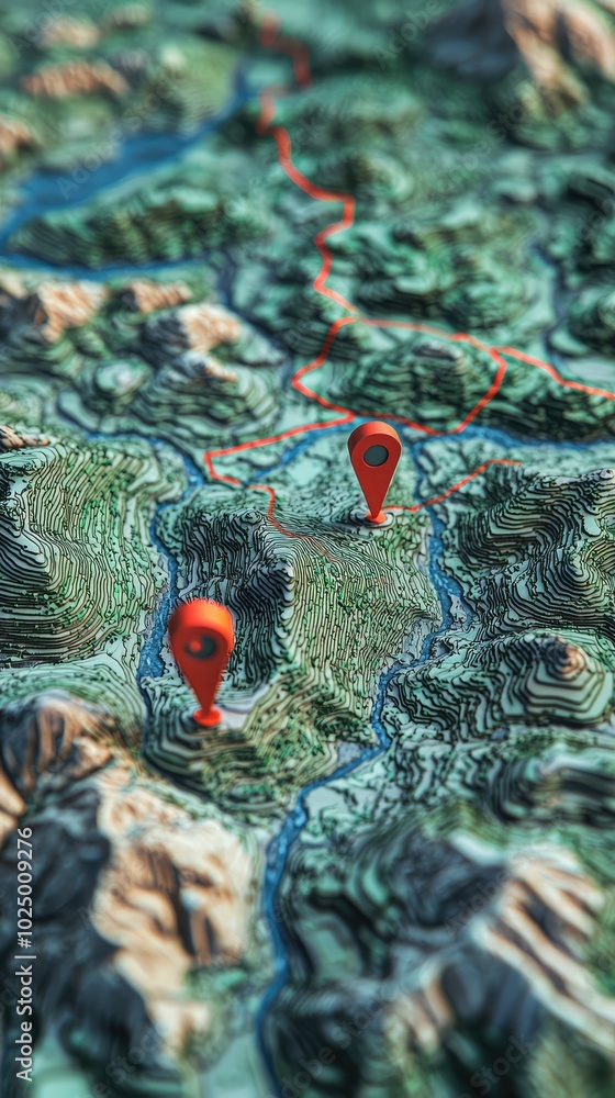 Poster 3d landscape map with red pointers and detailed terrain