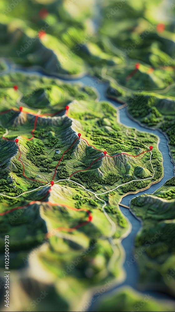 Poster detailed 3d landscape map with red pointers