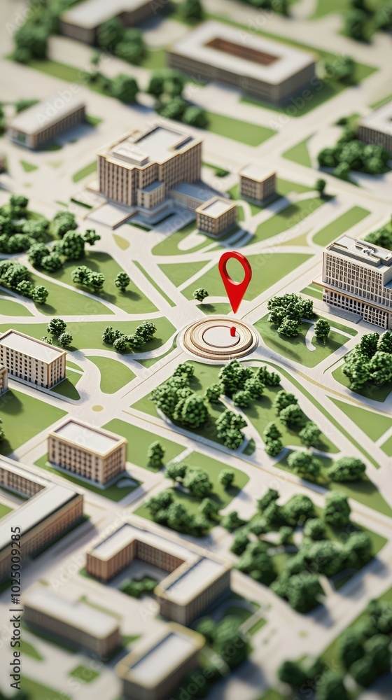 Poster detailed 3d map of university campus with red pointer