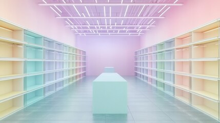 Bright and modern interior showcasing pastel shelves and minimalist design, perfect for retail or exhibition spaces.
