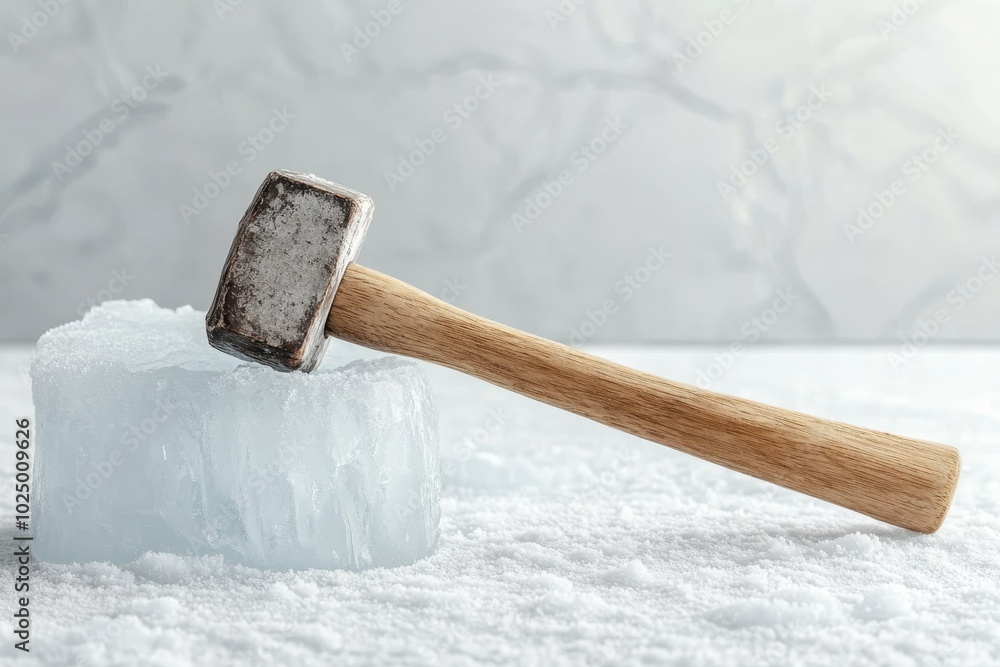 Poster a weathered hammer rests on the corner of a thick smooth ice block creating tension before action, c