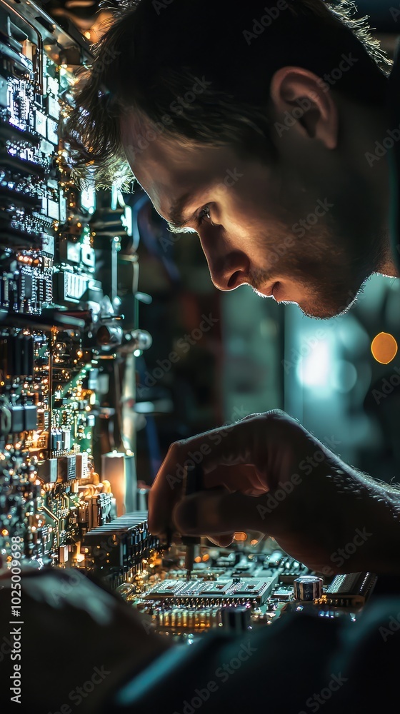 Poster engineer inspecting circuit board components