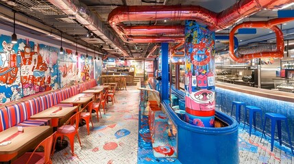 Vibrant and Ergonomic Coworking Space with Bold Colors and Creative Wall Art   Modern Office Interior Design with Comfortable Furniture and Inspiring Atmosphere for and Productivity