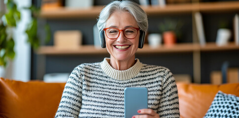 Obraz premium Smiling elderly woman wearing headphones while talking on phone, enjoying moment of connection and happiness in cozy living room