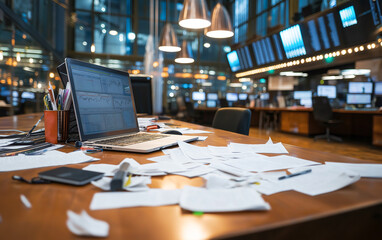 chaotic trading floor with scattered papers and laptop displaying financial data. dim lighting adds to atmosphere of urgency and activity in workspace