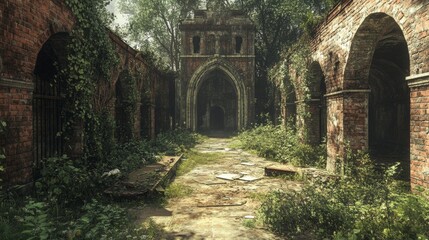 Obraz premium Forsaken Prison Ruins, decaying walls, wild vegetation reclaiming grounds, echoes of the past linger in the air, haunting atmosphere surrounds.
