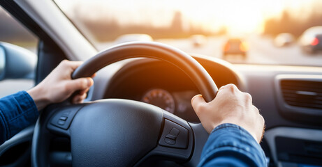 Naklejka premium Driving along highway, hands firmly gripping steering wheel, with beautiful sunset illuminating road ahead. scene captures essence of freedom and adventure