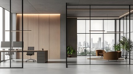 Photograph of a sleek and modern co working environment featuring multiple screens ergonomic chairs and streamlined workstations against an isolated background