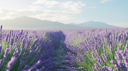 Obraz premium Lavender field with mountain and blue sky/clouds