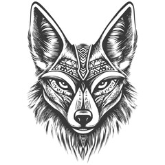 Detailed black and white drawing of a fox head with tribal markings